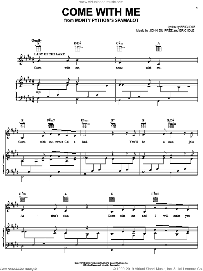 Come With Me sheet music for voice, piano or guitar by Monty Python's Spamalot, Eric Idle and John Du Prez, intermediate skill level