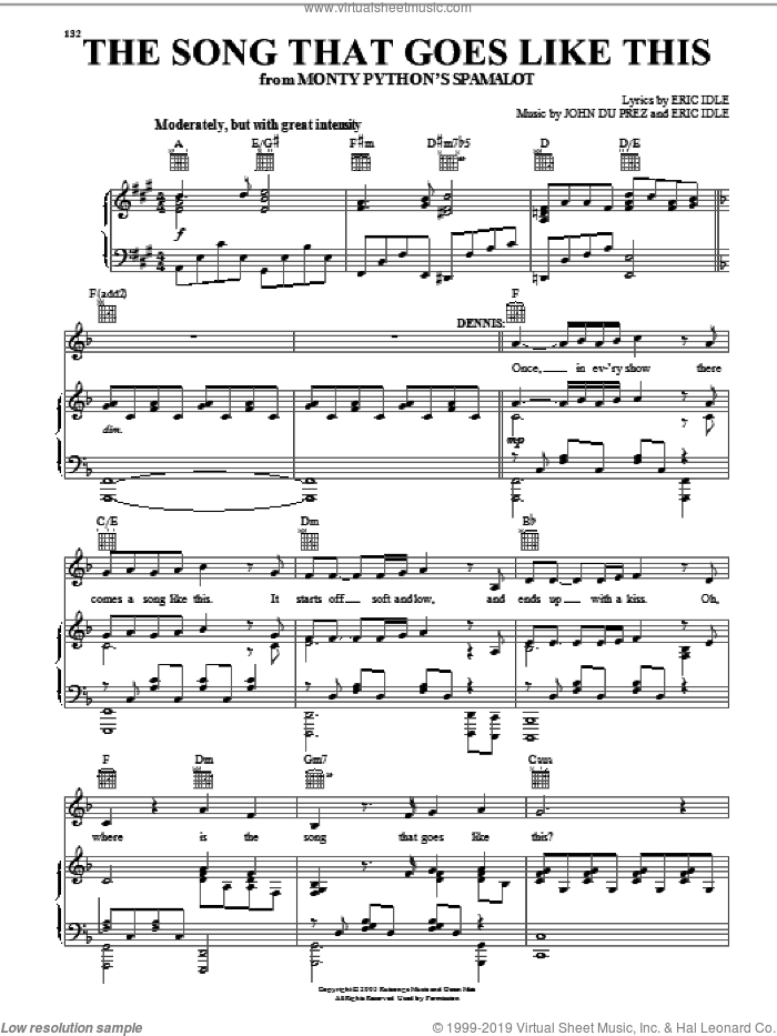 The Song That Goes Like This (from Monty Python's Spamalot) sheet music for voice, piano or guitar by Eric Idle and John Du Prez, intermediate skill level