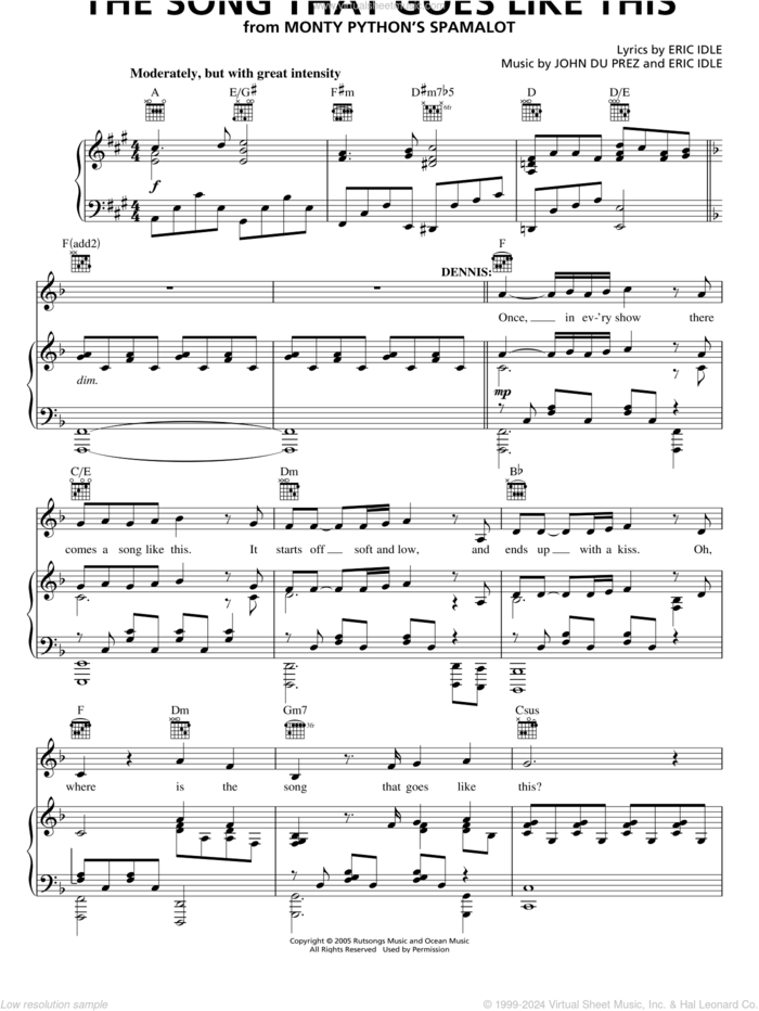 The Song That Goes Like This (from Monty Python's Spamalot) sheet music for voice, piano or guitar by Eric Idle and John Du Prez, intermediate skill level