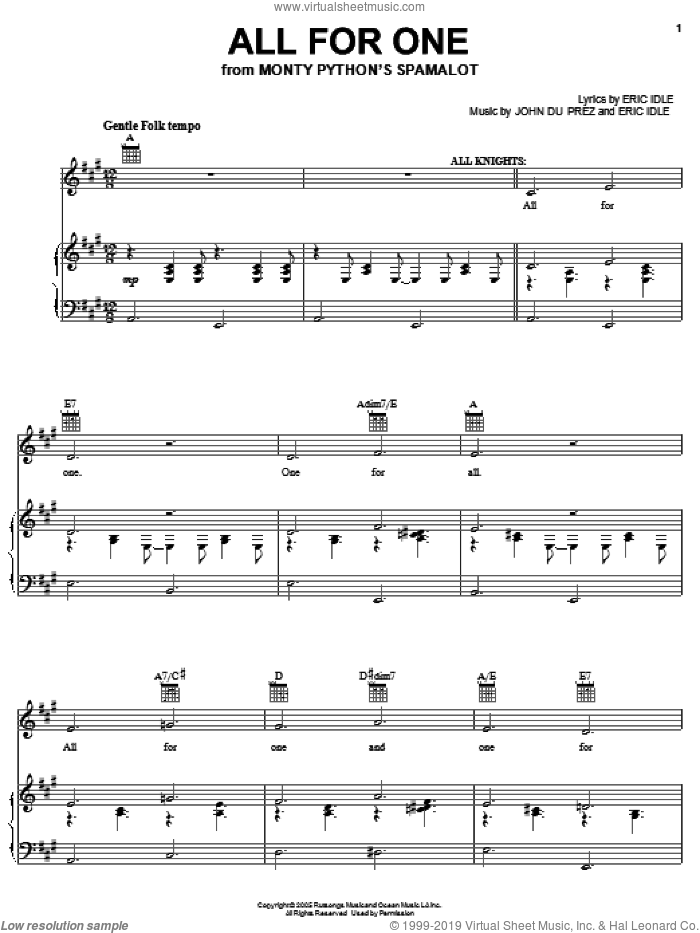 All For One sheet music for voice, piano or guitar by Monty Python's Spamalot, Eric Idle and John Du Prez, intermediate skill level
