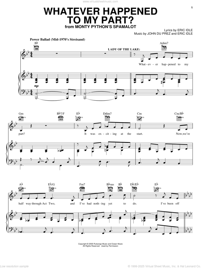 Whatever Happened To My Part? (from Monty Python's Spamalot) sheet music for voice, piano or guitar by Eric Idle and John Du Prez, intermediate skill level