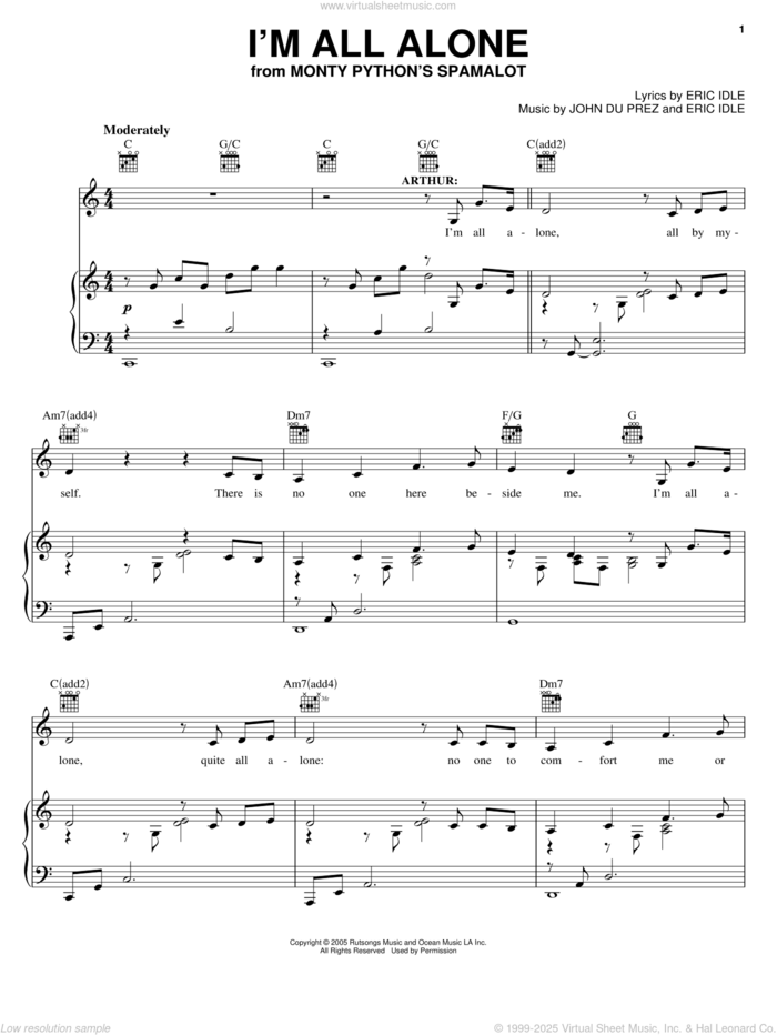 I'm All Alone sheet music for voice, piano or guitar by Monty Python's Spamalot, Eric Idle and John Du Prez, intermediate skill level