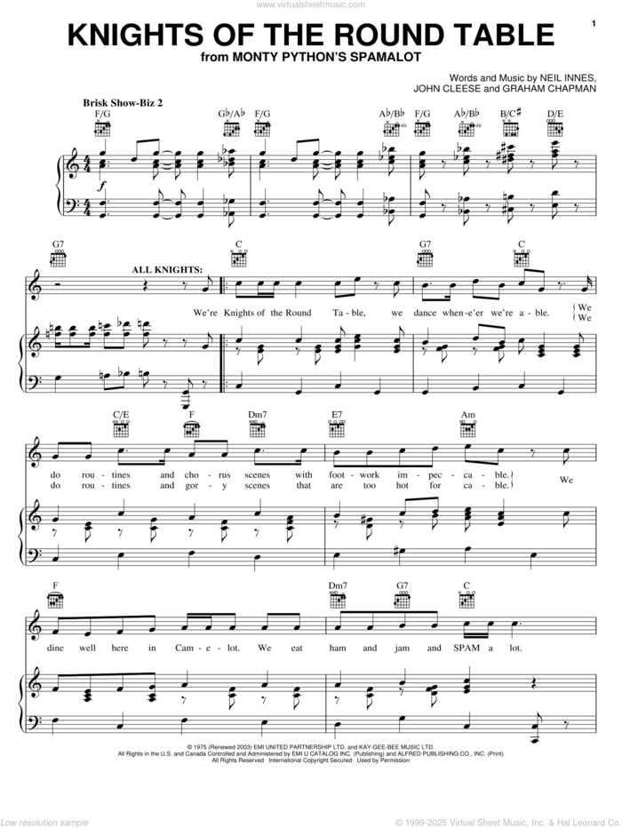 Knights Of The Round Table sheet music for voice, piano or guitar by Monty Python's Spamalot, Graham Chapman, John Cleese and Neil Innes, intermediate skill level