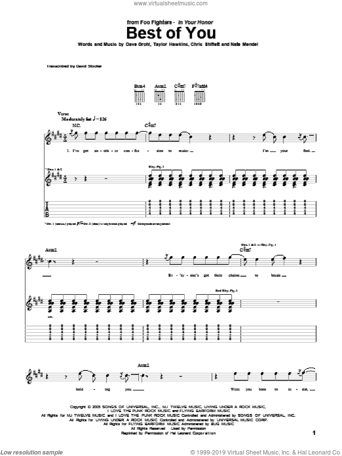 Best Of You sheet music for guitar (tablature) by Foo Fighters, Christopher Shiflett, Dave Grohl, Nate Mendel and Taylor Hawkins, intermediate skill level