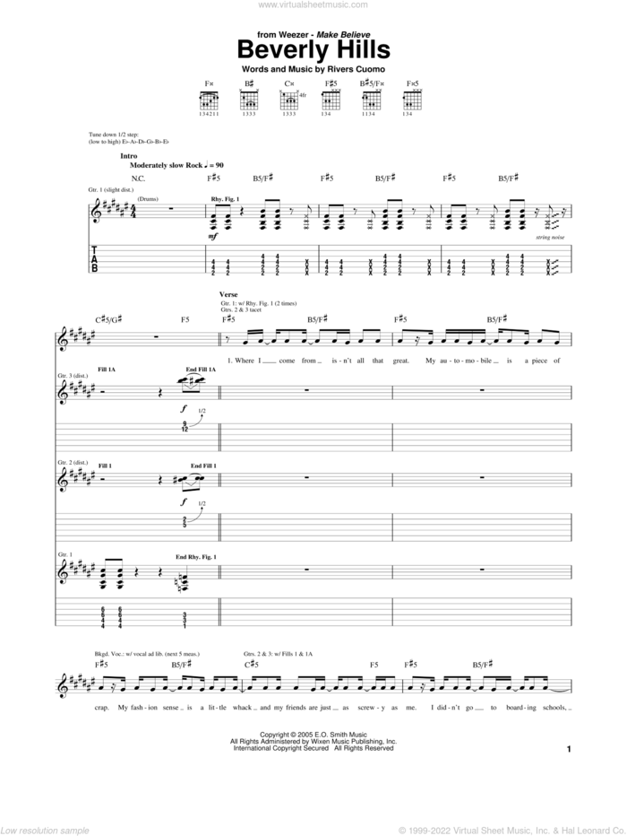 Beverly Hills sheet music for guitar (tablature) by Weezer and Rivers Cuomo, intermediate skill level