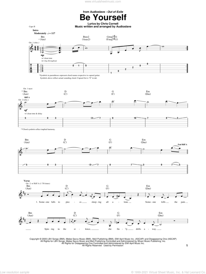 Be Yourself sheet music for guitar (tablature) by Audioslave and Chris Cornell, intermediate skill level