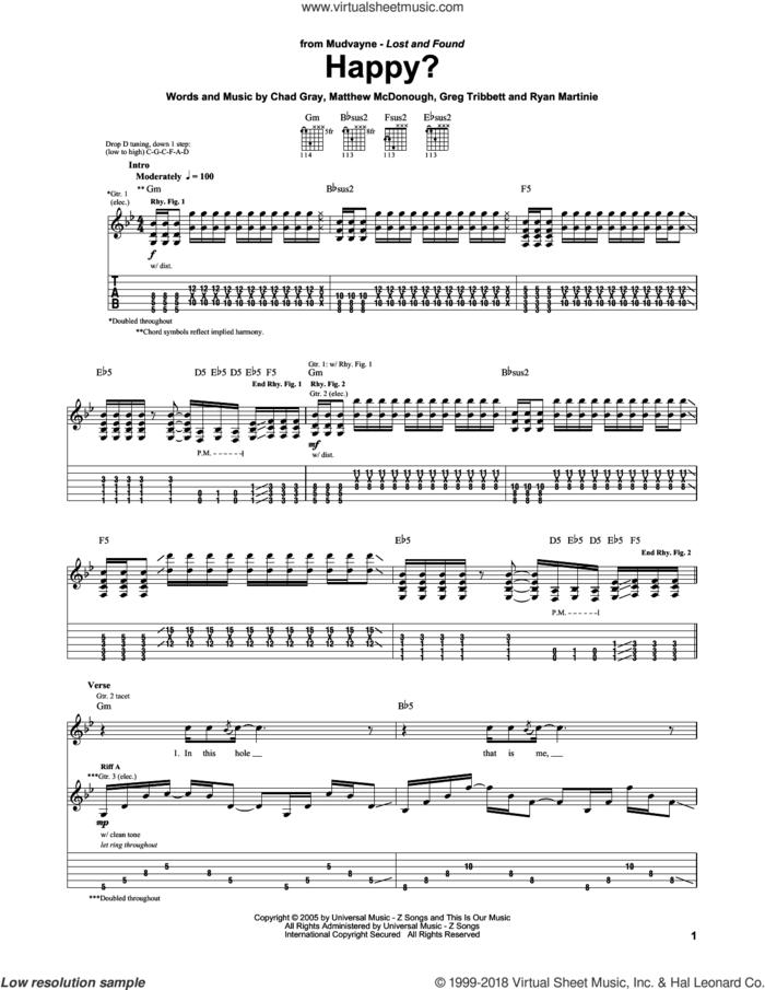 Happy? sheet music for guitar (tablature) by Mudvayne, Chad Gray, Greg Tribbett, Matthew McDonough and Ryan Martinie, intermediate skill level