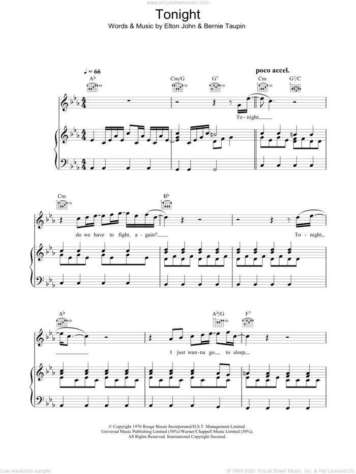 Tonight sheet music for voice, piano or guitar by Elton John and Bernie Taupin, intermediate skill level