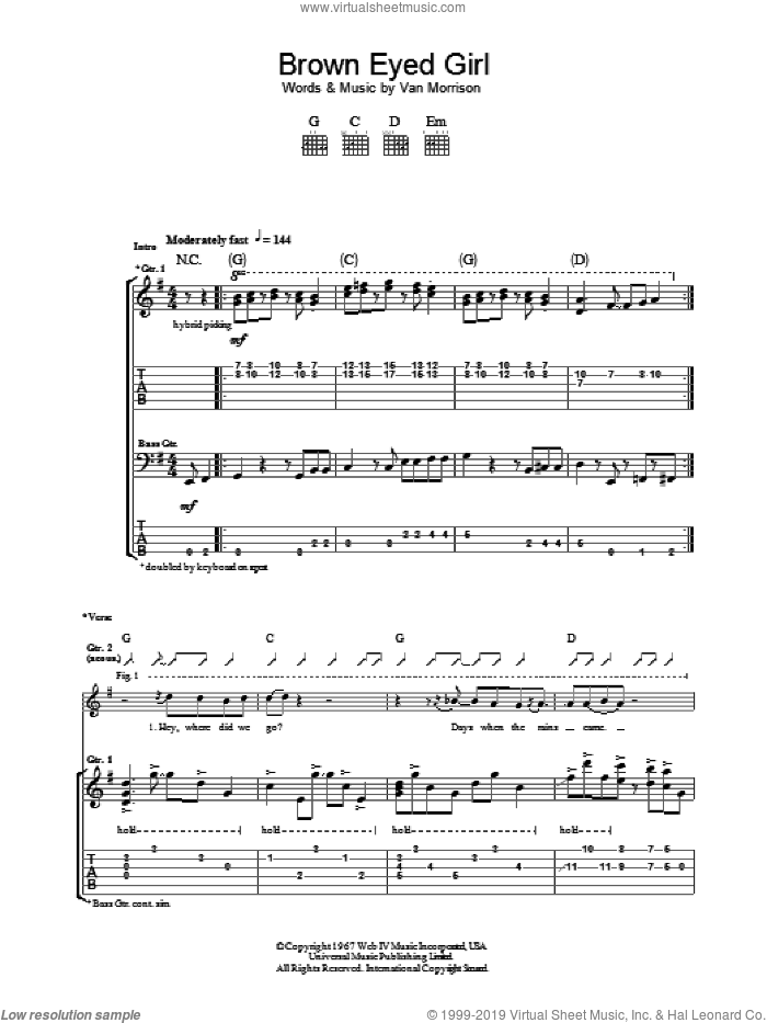 Brown Eyed Girl sheet music for guitar (tablature) by Van Morrison, intermediate skill level