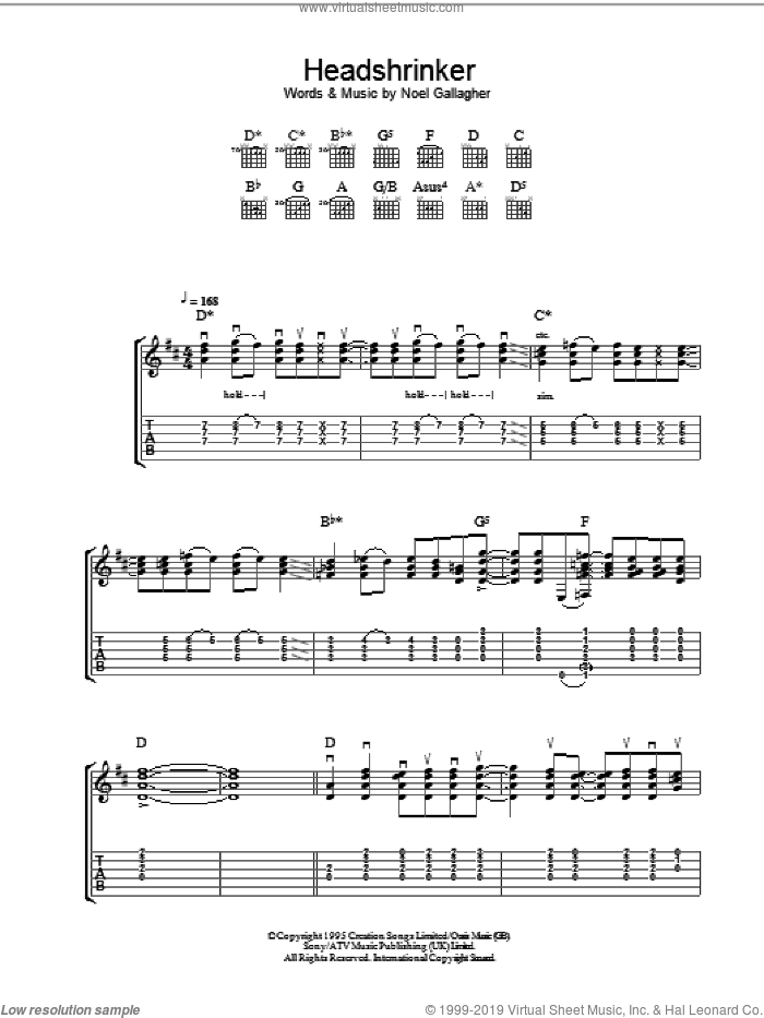 Headshrinker sheet music for guitar (tablature) by Oasis and Noel Gallagher, intermediate skill level