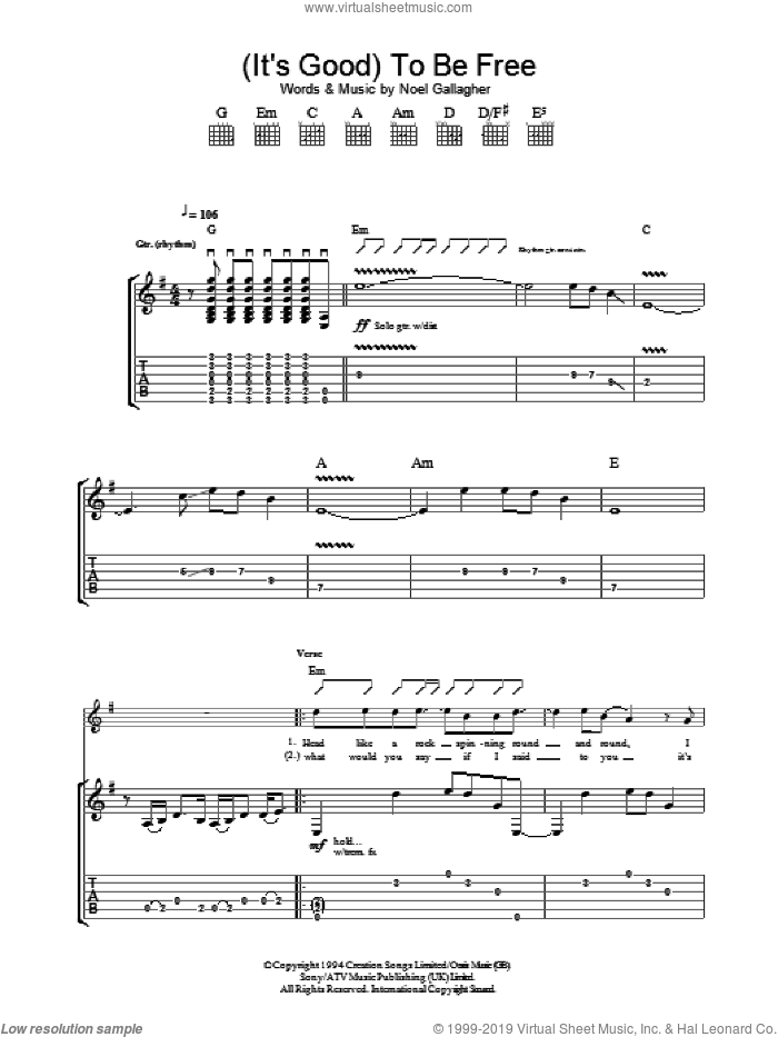 (It's Good) To Be Free sheet music for guitar (tablature) by Oasis and Noel Gallagher, intermediate skill level