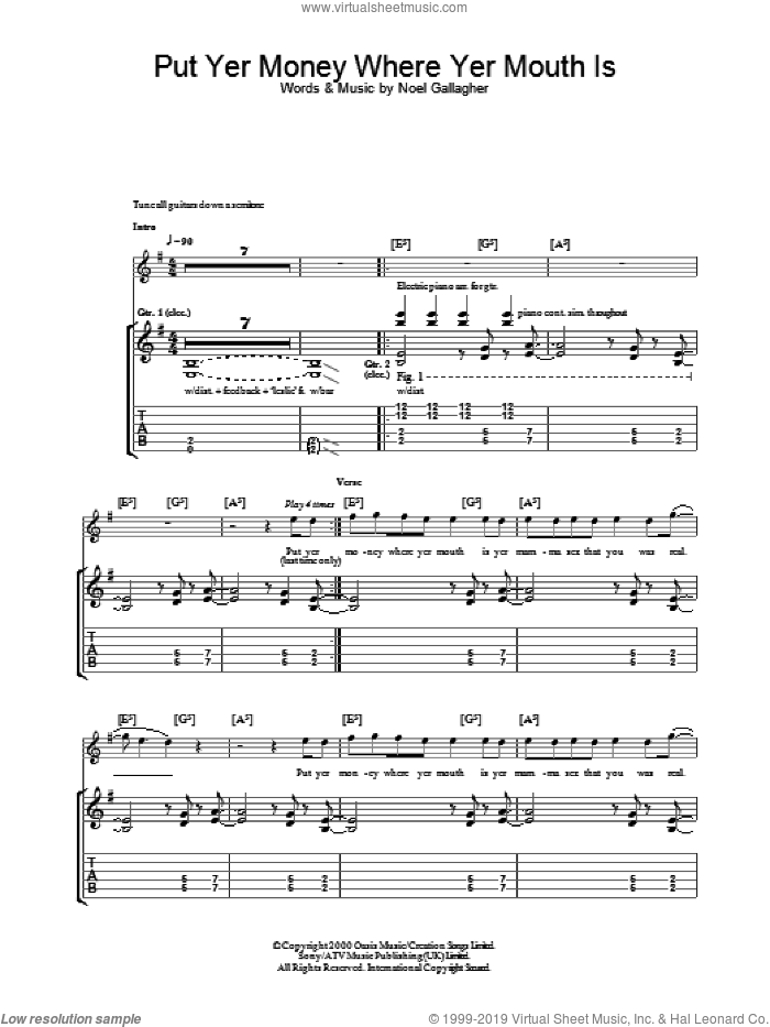 Put Yer Money Where Yer Mouth Is sheet music for guitar (tablature) by Oasis and Noel Gallagher, intermediate skill level