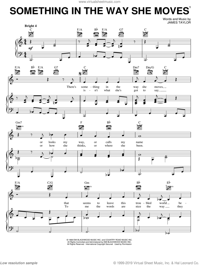 Something In The Way She Moves sheet music for voice, piano or guitar by James Taylor, intermediate skill level