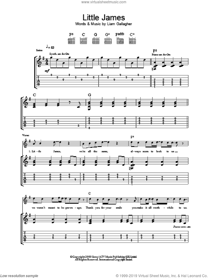 Little James sheet music for guitar (tablature) by Oasis, Liam Gallagher and Noel Gallagher, intermediate skill level