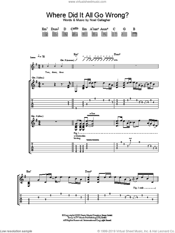 Where Did It All Go Wrong? sheet music for guitar (tablature) by Oasis and Noel Gallagher, intermediate skill level