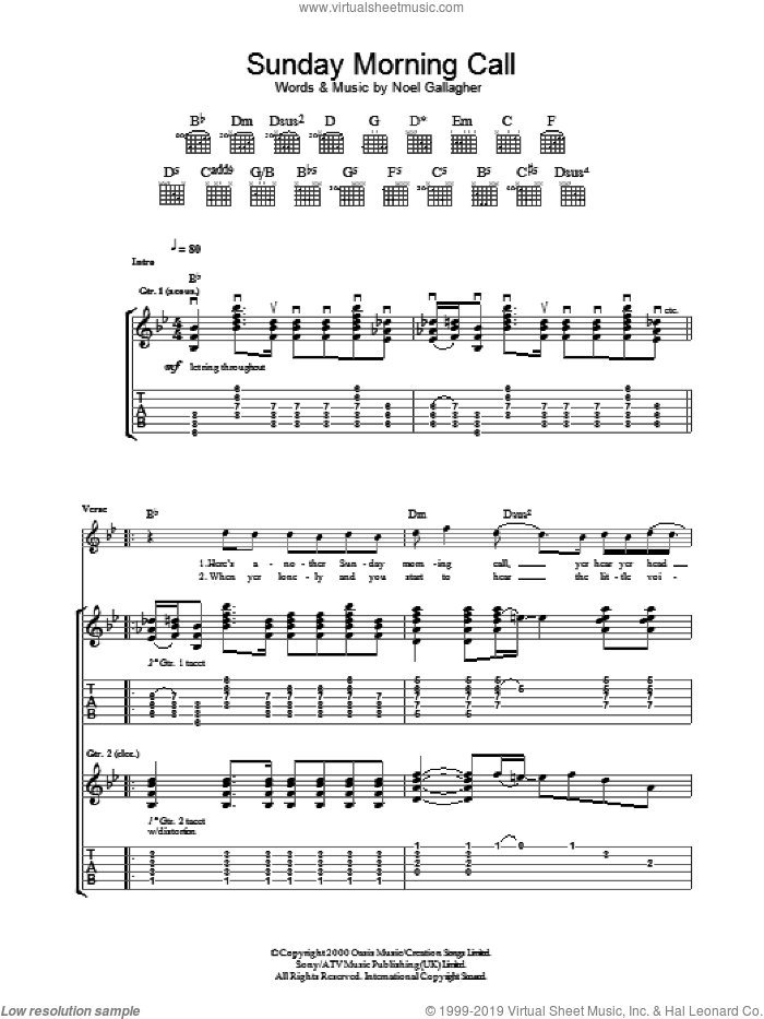 Sunday Morning Call sheet music for guitar (tablature) by Oasis and Noel Gallagher, intermediate skill level