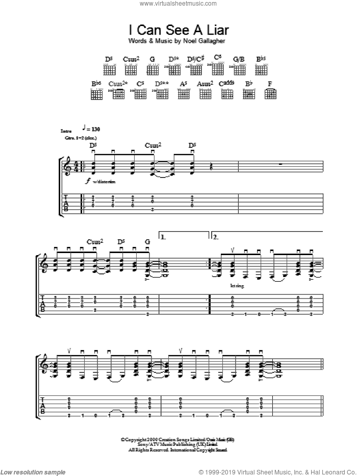 I Can See A Liar sheet music for guitar (tablature) by Oasis and Noel Gallagher, intermediate skill level
