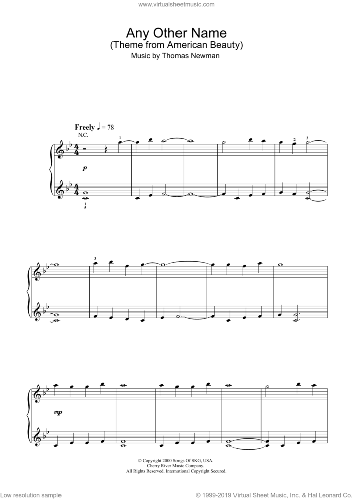 Any Other Name (theme from American Beauty) sheet music for voice, piano or guitar by Thomas Newman, intermediate skill level