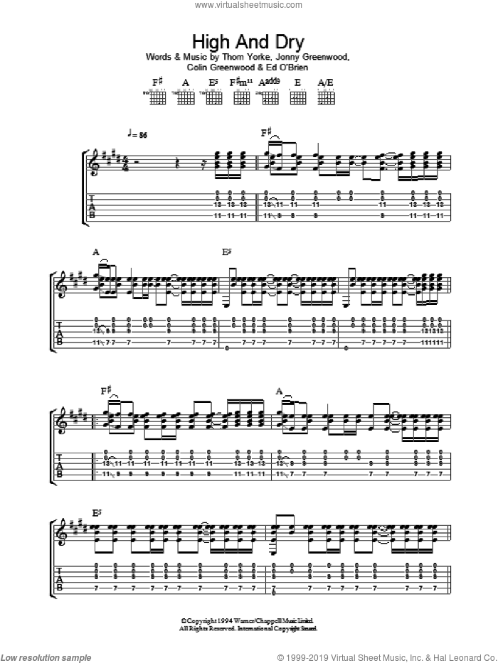 High And Dry sheet music for guitar (tablature) by Radiohead, Colin Greenwood, Jonny Greenwood and Thom Yorke, intermediate skill level