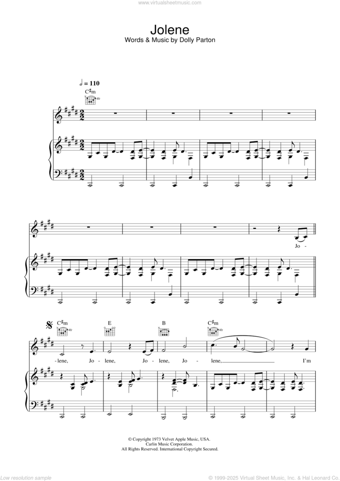 Jolene sheet music for voice, piano or guitar by Dolly Parton, intermediate skill level