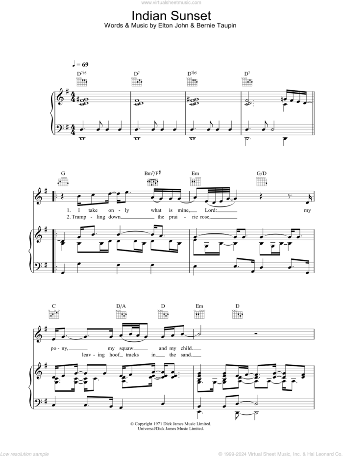 Indian Sunset sheet music for voice, piano or guitar by Elton John and Bernie Taupin, intermediate skill level