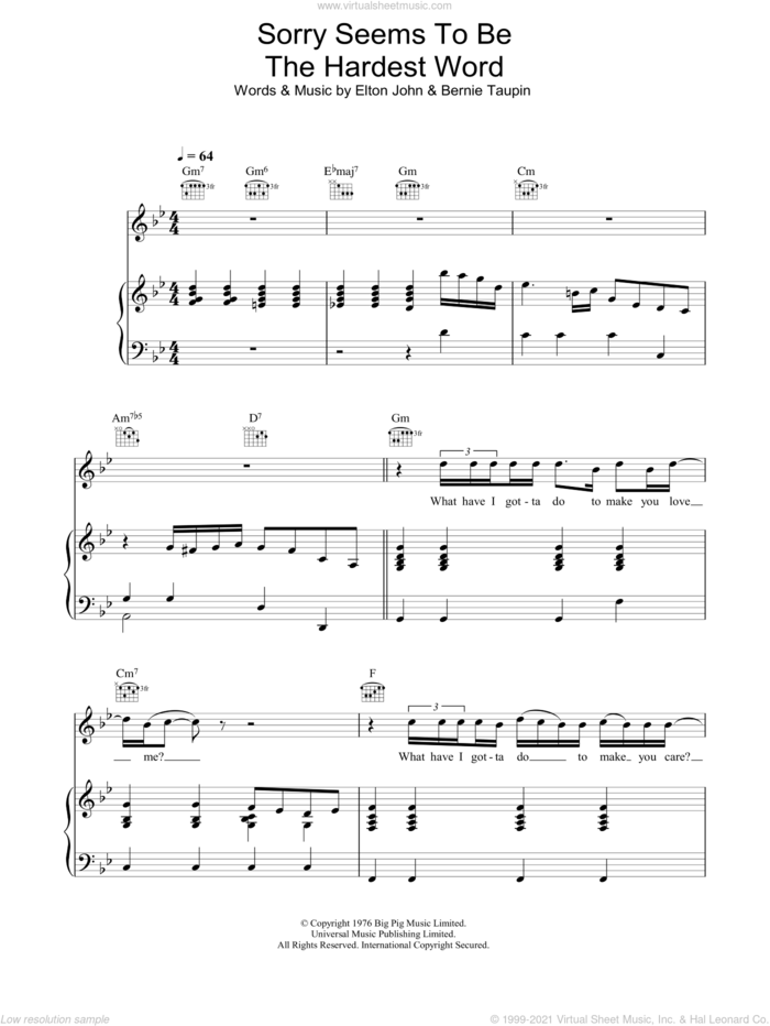 Sorry Seems To Be The Hardest Word sheet music for voice, piano or guitar by Elton John and Bernie Taupin, intermediate skill level