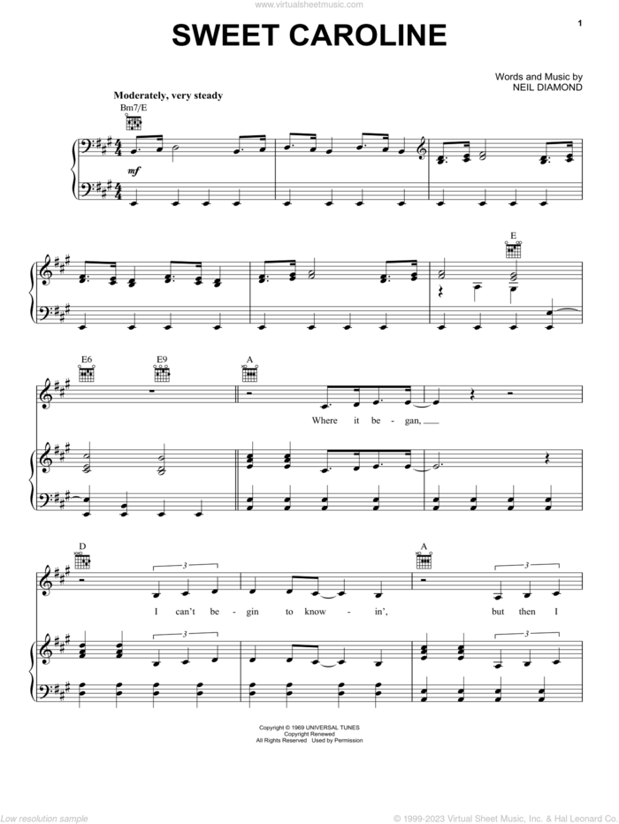 Sweet Caroline sheet music for voice, piano or guitar by Neil Diamond and Miscellaneous, intermediate skill level