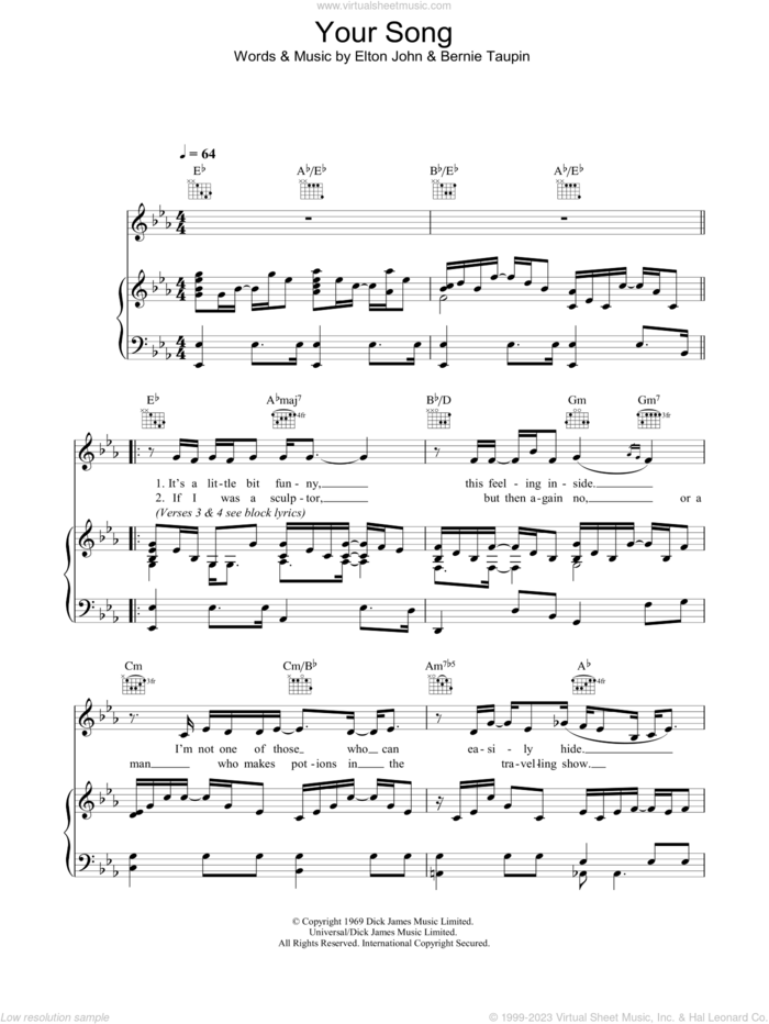 Your Song sheet music for voice, piano or guitar by Elton John and Bernie Taupin, intermediate skill level