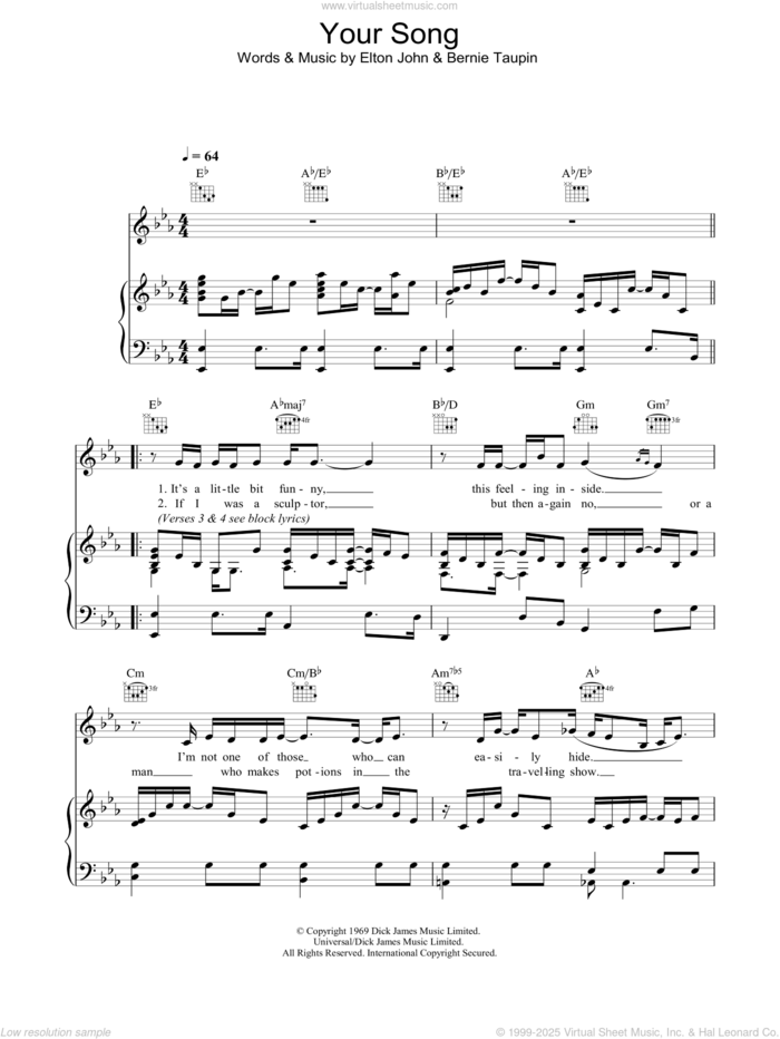 Your Song sheet music for voice, piano or guitar by Elton John and Bernie Taupin, intermediate skill level