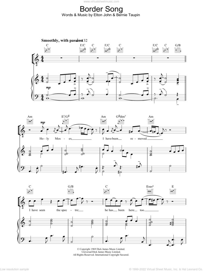 Border Song sheet music for voice, piano or guitar by Elton John and Bernie Taupin, intermediate skill level