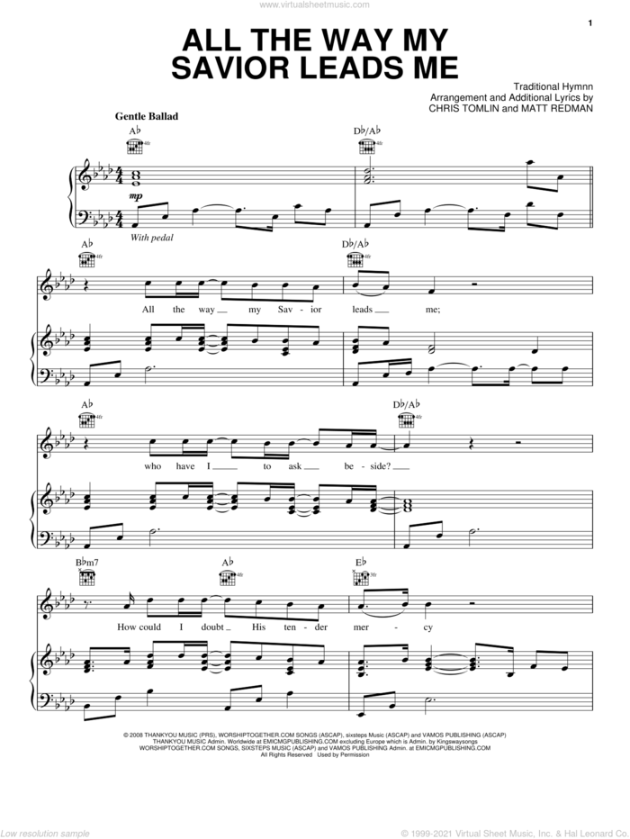 All The Way My Savior Leads Me sheet music for voice, piano or guitar by Chris Tomlin, Fanny J. Crosby and Robert Lowry, intermediate skill level