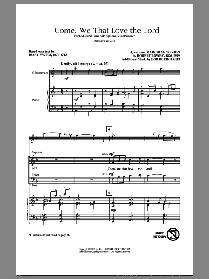 Come, We That Love The Lord sheet music for choir (SATB: soprano, alto, tenor, bass) by Robert Lowry, Aaron Williams, Bob Burroughs and Isaac Watts, intermediate skill level