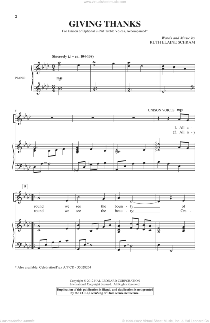 Giving Thanks sheet music for choir (Unison) by Ruth Elaine Schram, intermediate skill level