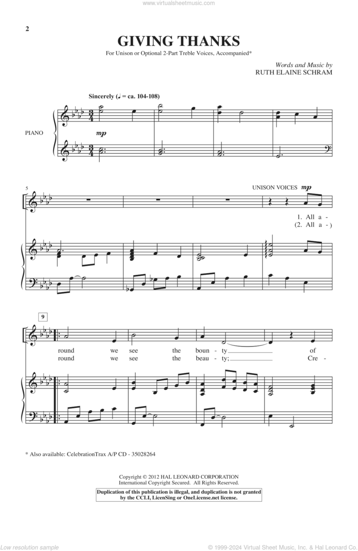 Giving Thanks sheet music for choir (Unison) by Ruth Elaine Schram, intermediate skill level