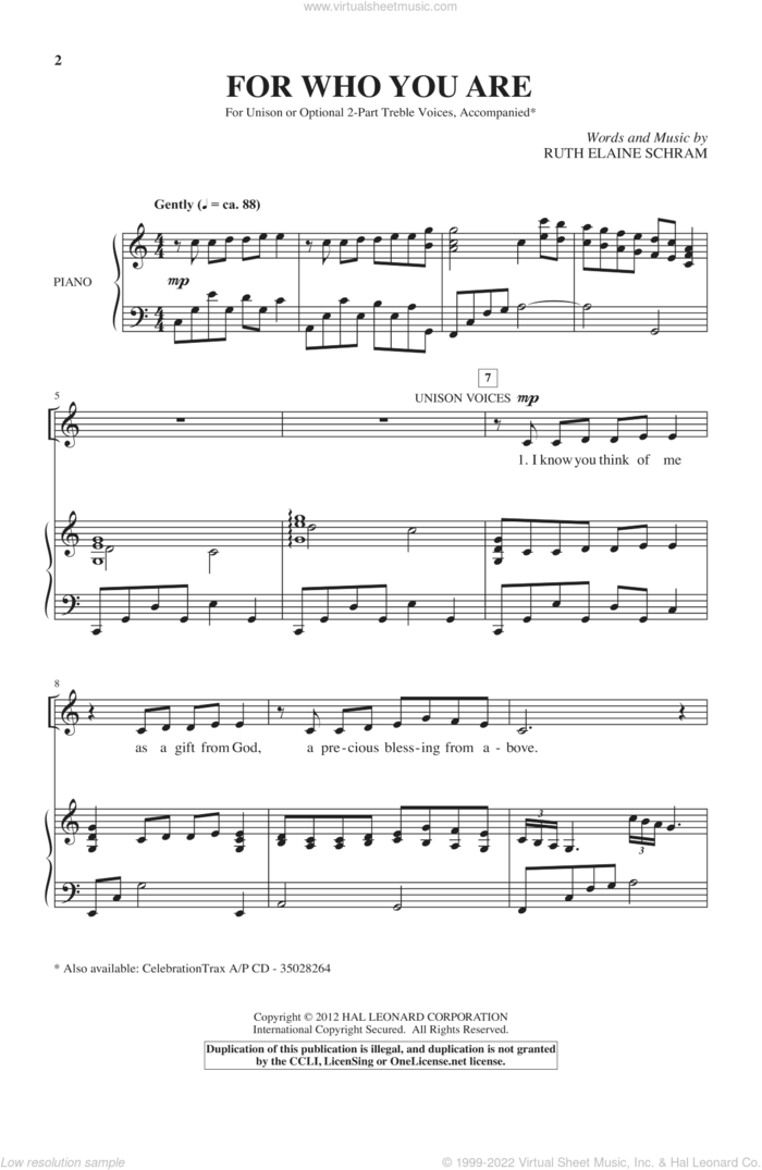 For Who You Are sheet music for choir (Unison) by Ruth Elaine Schram, intermediate skill level