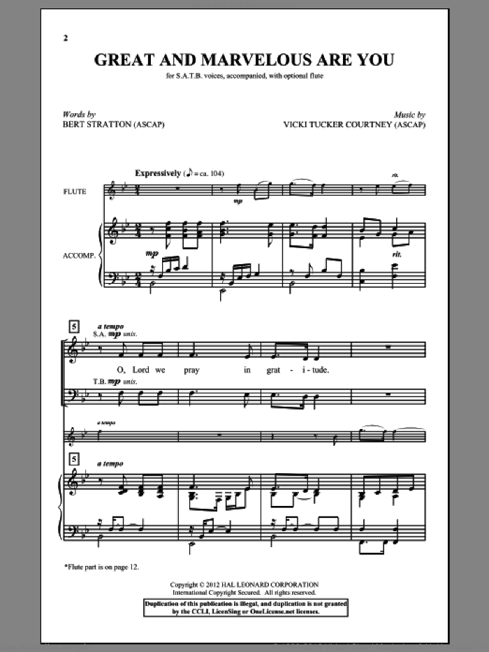 Great And Marvelous Are You sheet music for choir (SATB: soprano, alto, tenor, bass) by Vicki Tucker Courtney and Bert Stratton, intermediate skill level