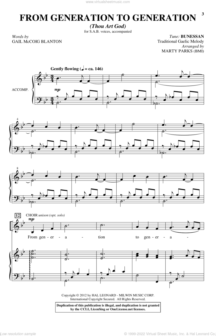 From Generation To Generation (Thou Art God) sheet music for choir (SAB: soprano, alto, bass) by Marty Parks and Gail McCoig Blanton, intermediate skill level