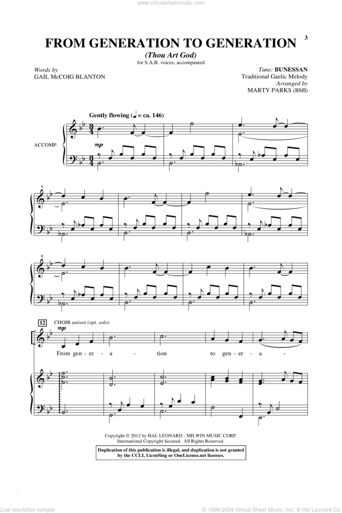 From Generation To Generation (Thou Art God) sheet music for choir (SAB: soprano, alto, bass) by Marty Parks and Gail McCoig Blanton, intermediate skill level