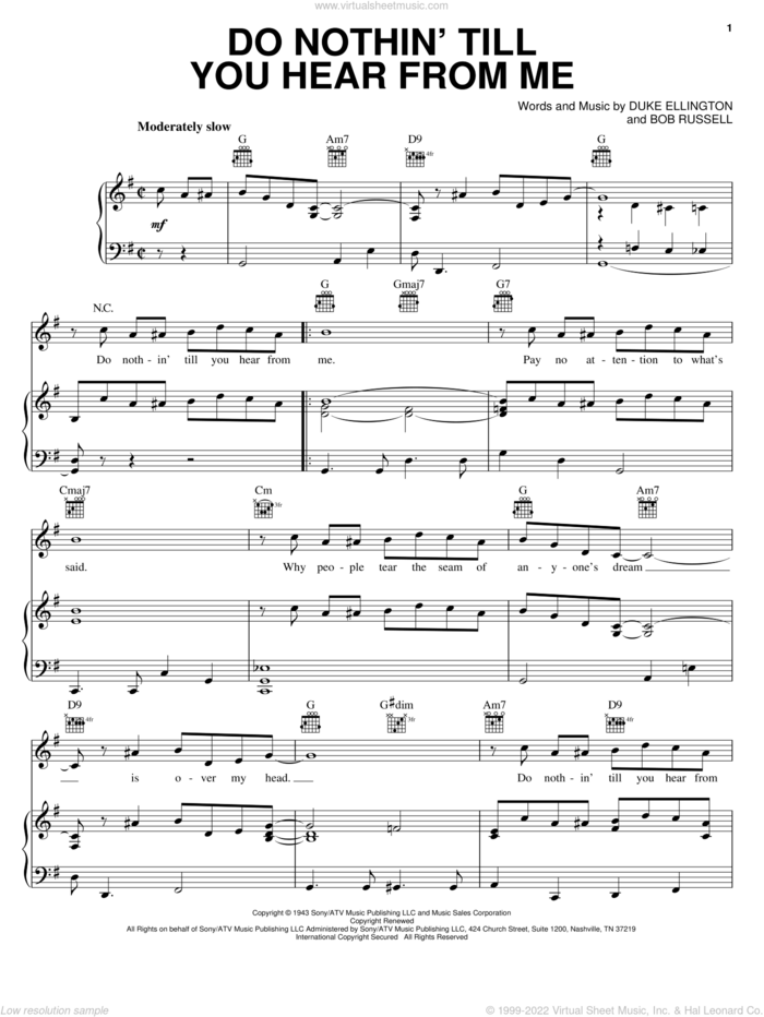 Do Nothin' Till You Hear From Me sheet music for voice, piano or guitar by Duke Ellington, Billie Holiday, Lena Horne, Louis Armstrong and Bob Russell, intermediate skill level