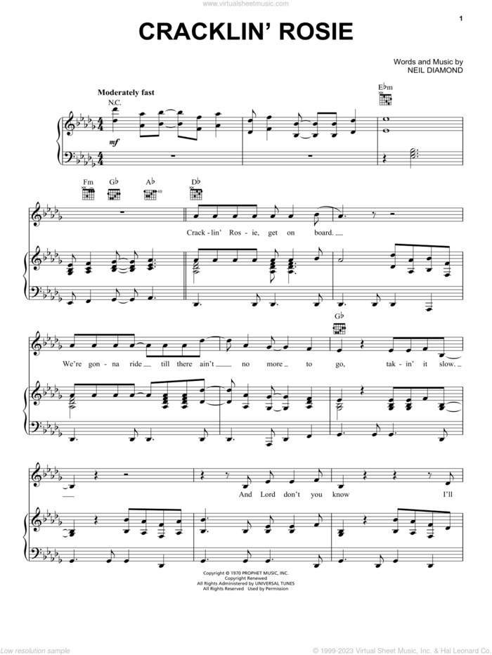 Cracklin' Rosie sheet music for voice, piano or guitar by Neil Diamond, intermediate skill level