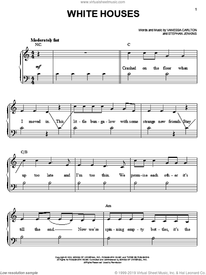 White Houses sheet music for piano solo by Vanessa Carlton and Stephan Jenkins, easy skill level
