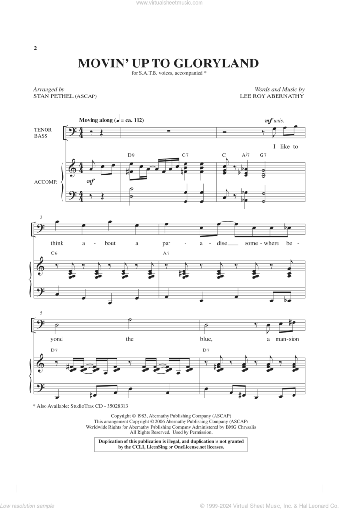 Movin' Up To Gloryland (from Gospel Voices) sheet music for choir (SATB: soprano, alto, tenor, bass) by Lee Roy Abernathy and Stan Pethel, intermediate skill level