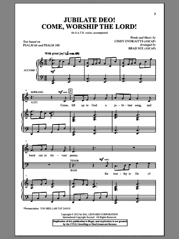 Jubilate Deo! Come Worship The Lord! sheet music for choir (SATB: soprano, alto, tenor, bass) by Cindy Ovokaitys and Brad Nix, intermediate skill level