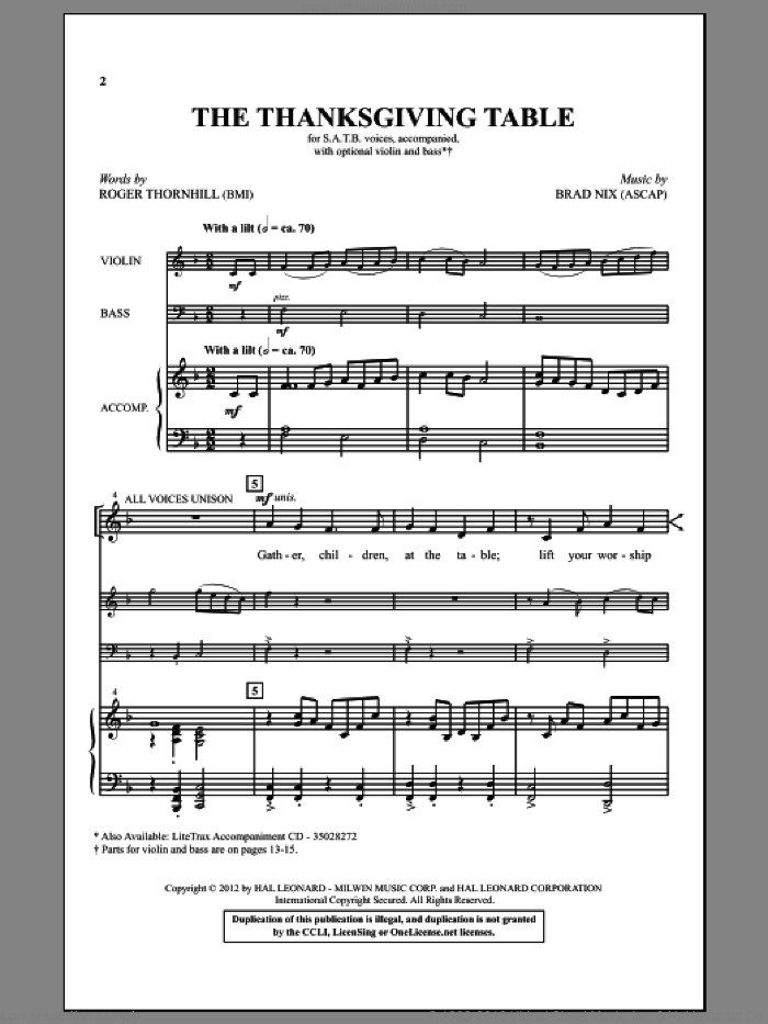 The Thanksgiving Table sheet music for choir (SATB: soprano, alto, tenor, bass) by Brad Nix and Roger Thornhill, intermediate skill level