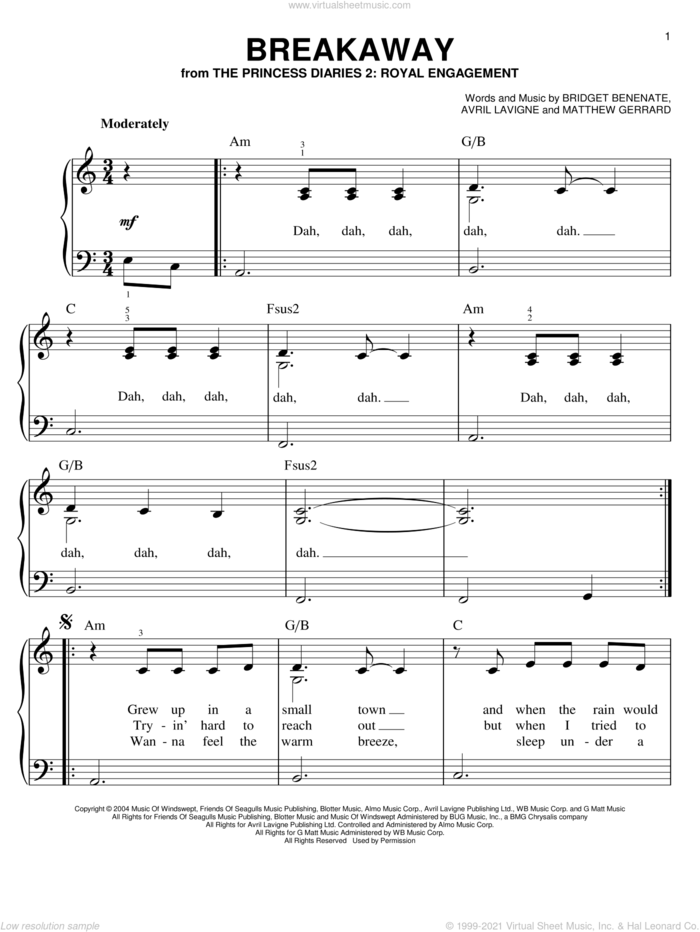 Breakaway sheet music for piano solo by Kelly Clarkson, The Princess Diaries 2: Royal Engagement (Movie), Avril Lavigne, Bridget Benenate and Matthew Gerrard, easy skill level