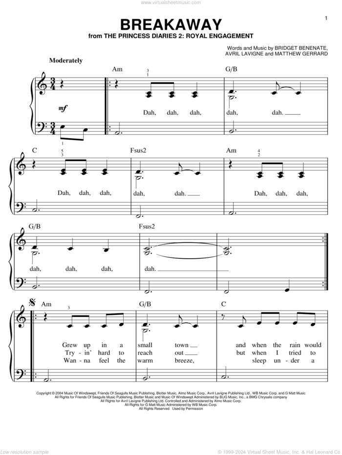 Breakaway, (easy) sheet music for piano solo by Kelly Clarkson, The Princess Diaries 2: Royal Engagement (Movie), Avril Lavigne, Bridget Benenate and Matthew Gerrard, easy skill level