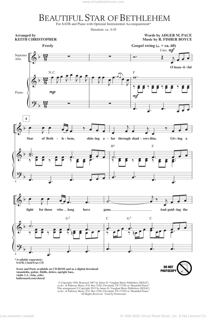 Beautiful Star Of Bethlehem sheet music for choir (SATB: soprano, alto, tenor, bass) by Keith Christopher, R. Fisher Boyce and Adger M. Pace, intermediate skill level