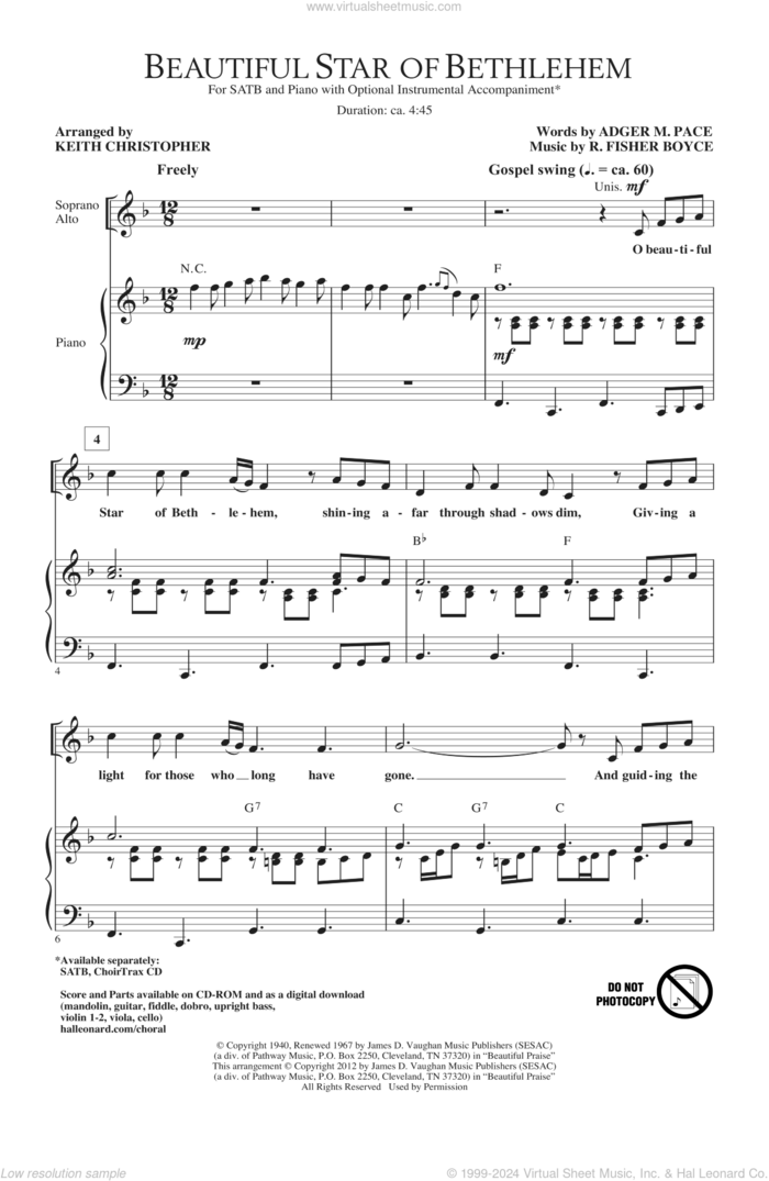 Beautiful Star Of Bethlehem sheet music for choir (SATB: soprano, alto, tenor, bass) by Keith Christopher, R. Fisher Boyce and Adger M. Pace, intermediate skill level