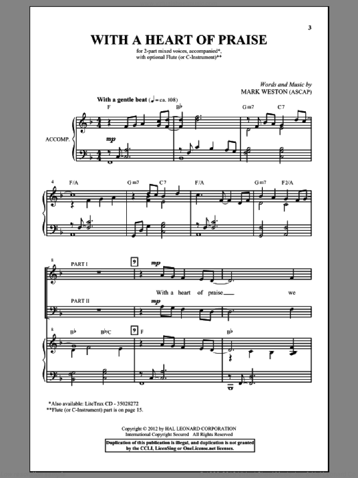 With A Heart Of Praise sheet music for choir (2-Part) by Mark Weston, intermediate duet