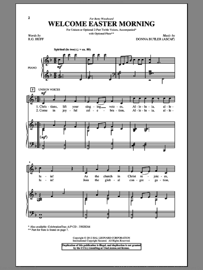 Welcome Easter Morning sheet music for choir (2-Part) by Donna Butler and R.G. Huff, intermediate duet